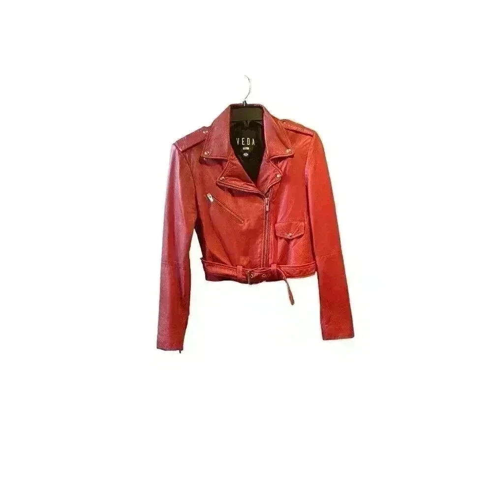 VEDA Baby Jane Leather Moto Jacket Red Size Small - Picture 5 of 14
